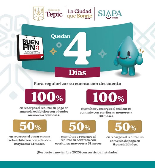 ¡Quedan solo 2 días para aprovechar los descuentos del BUEN FIN en SIAPA Tepic!