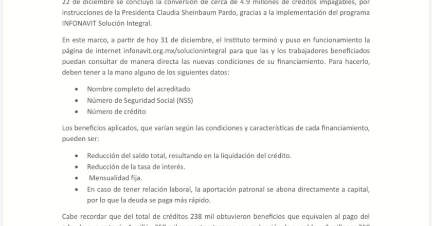 INFONAVIT LANZA SERVICIO PARA CONOCER NUEVAS CONDICIONES DE LOS CRÉDITOS QUE ERAN IMPAGABLES