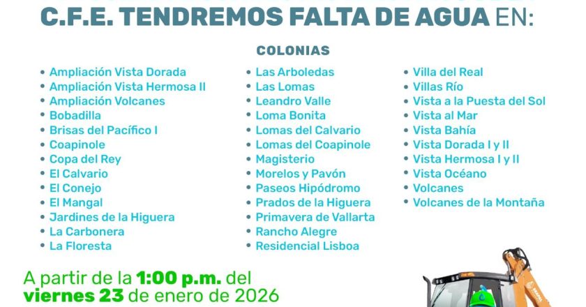 Trabajos eléctricos provocarán corte temporal de agua en colonias de El Pitillal