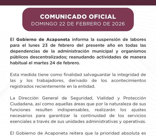 GOBIERNO DE ACAPONETA ANUNCIA SUSPENSIÓN DE LABORES PARA SALVAGUARDAR LA INTEGRIDAD DEL PERSONAL