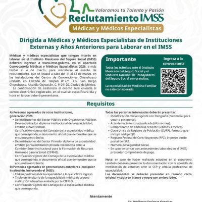 CONVOCATORIA 2026 PARA MÉDICAS Y MÉDICOS ESPECIALISTAS