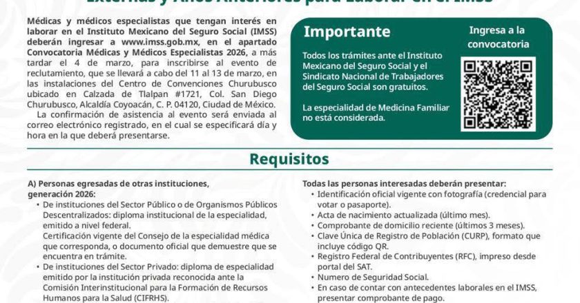 CONVOCATORIA 2026 PARA MÉDICAS Y MÉDICOS ESPECIALISTAS