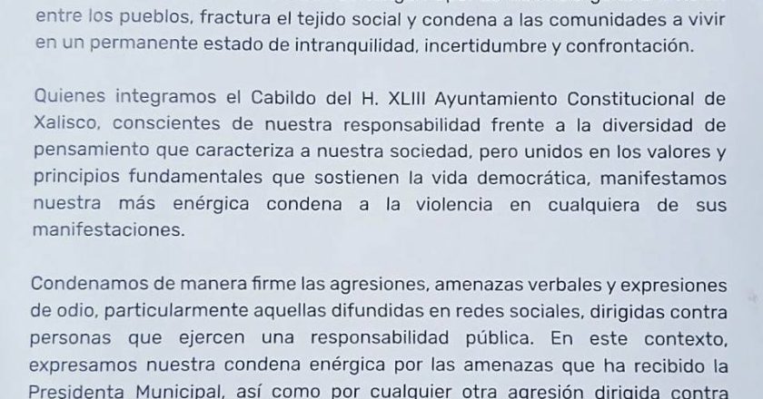 ¡EN XALISCO LA VIOLENCIA NO ES EL CAMINO! RESPETO, DIÁLOGO Y UNIDAD PARA CONSTRUIR JUNTOS