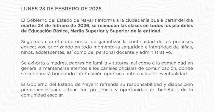 Gobierno de Nayarit anuncia reanudación de clases en todos los niveles educativos