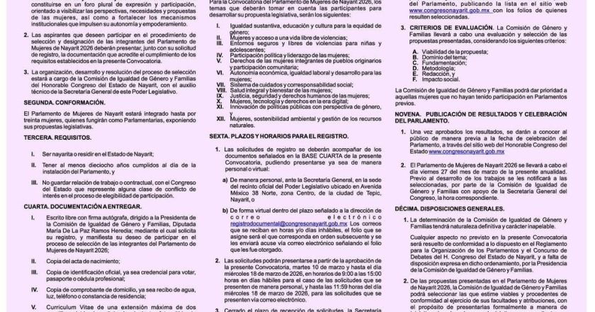 Congreso de Nayarit convoca a integrar el Parlamento de Mujeres 2026
